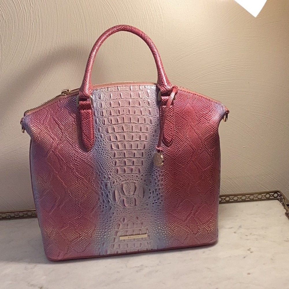 Brahmin Pink and Purple Satchel with Crocodile Texture